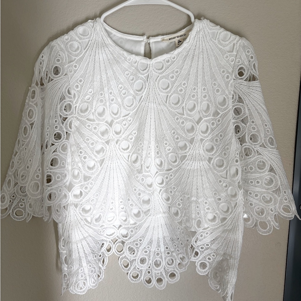 BLUE TASSEL Lace Overlay Top - White